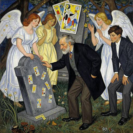 Man Visiting Grave with Angels and Tarot Cards