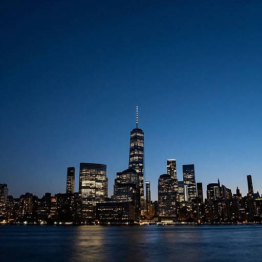 Photograph of New York City's skyline at dusk, featuring illuminated skyscrapers under a deep blue sky, with a calm river in the foreground.