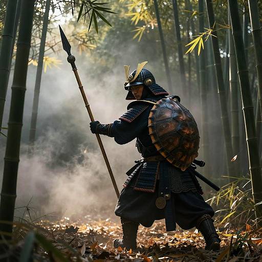 Photograph of a samurai warrior in dark armor, helmet with yellow plume, shield, and spear, standing in a misty bamboo forest,