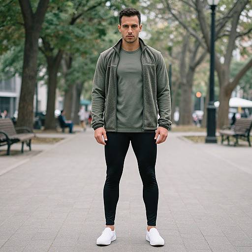 Photograph of a handsome, fit man with short dark hair, wearing a gray jacket, green t-shirt, black pants, and white sneakers, standing