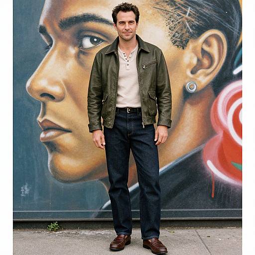 Photograph of a man with short dark hair, wearing a green leather jacket, white shirt, black pants, and brown shoes, standing in front of