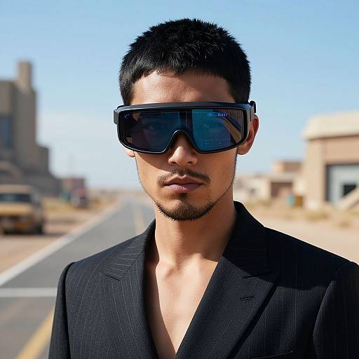 Photograph of an Asian man with short black hair, mustache, wearing black pinstripe blazer and oversized black sunglasses, standing on a sunny