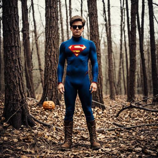Man in Superman Halloween Costume in Forest