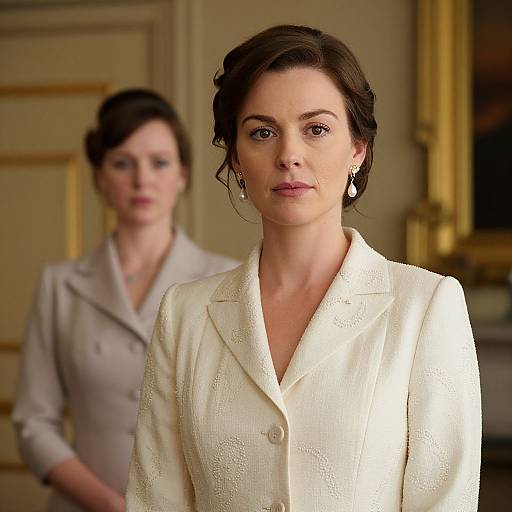 Photograph of two women in elegant clothing; foreground woman with white textured blazer, brown hair up, serious expression, blurred background woman in beige coat