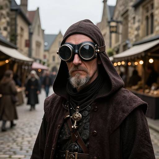 Photograph of an older man with a gray beard, wearing a dark hooded cloak, round goggles, and medieval-style necklace, standing on a cob