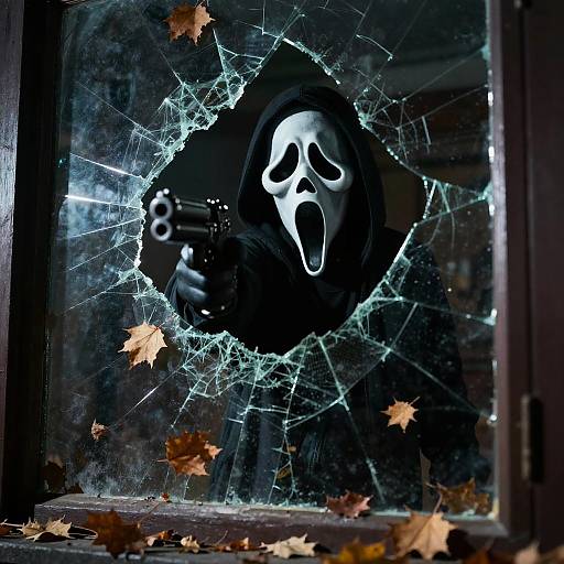 Photograph of a creepy ghost with a white mask and black hood, aiming a gun through a shattered window with autumn leaves scattered around.