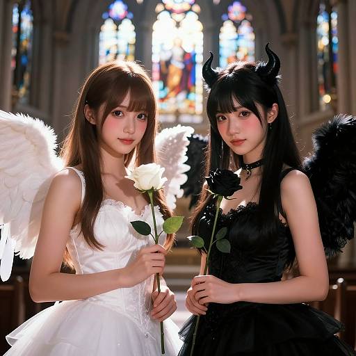 Photograph of two Asian women in a church, one with white angel wings and dress, holding a rose, the other with black devil horns and wings