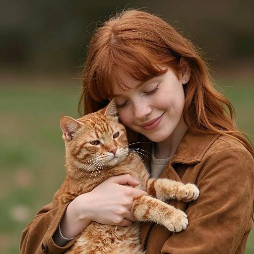 Smiling Red-Haired Girl with Cat