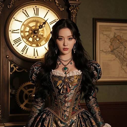 Photograph of an East Asian woman with long black hair in an elaborate, ornate Victorian-style dress, standing in front of a large, glowing clock