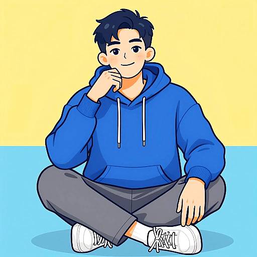 Young Man Sitting Cross-Legged in Blue Hoodie