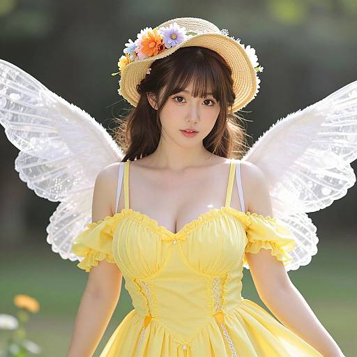 Photograph of an Asian woman with fair skin, wearing a yellow off-shoulder dress, white angel wings, straw hat with flowers, and sun