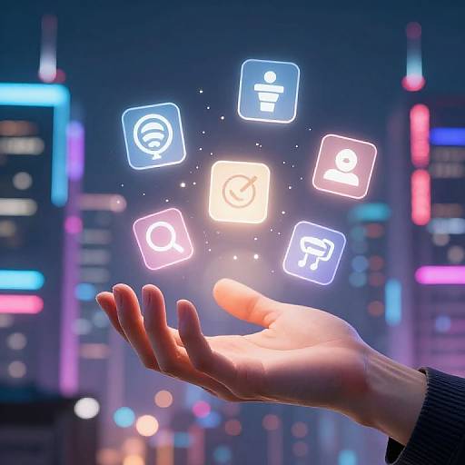 Photograph of a hand holding glowing, neon-colored app icons (settings, play, search, share, home) against a blurred cityscape with colorful
