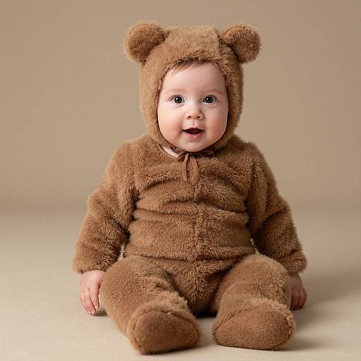 Photograph of a smiling baby with light skin, wearing a brown, fuzzy bear onesie with bear ears, sitting against a beige background.