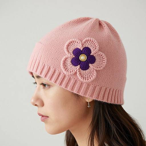 Photograph of a young woman with fair skin, wearing a pink knitted beanie with a purple flower and yellow center, profile view, white background