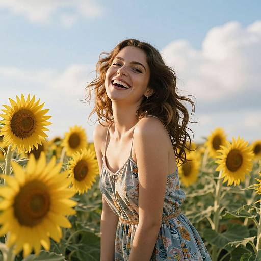 Smiling brunette woman in a floral dress stands in a sunflower field, laughing joyfully under a bright blue sky. Photograph.