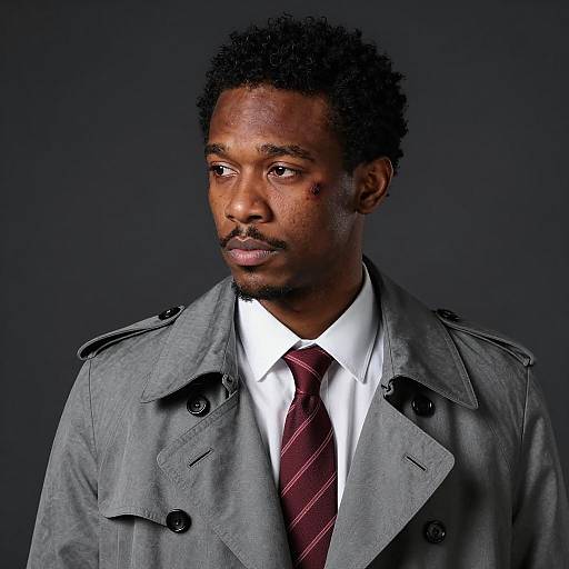 Serious Black Man in Gray Trench Coat with Facial Bruise