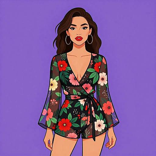 Digital illustration of a woman with wavy brown hair, red lipstick, wearing a black floral kimono romper with a deep V-neck, against a