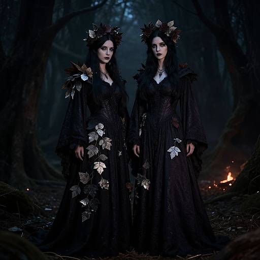 Photograph of two pale, dark-haired women in black, leaf-adorned Victorian dresses with crown-like headpieces, standing in a dark, fog