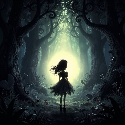 Silhouetted child in a frilly dress stands in a dark, enchanted forest with glowing light behind, surrounded by twisted trees and mushrooms. Digital