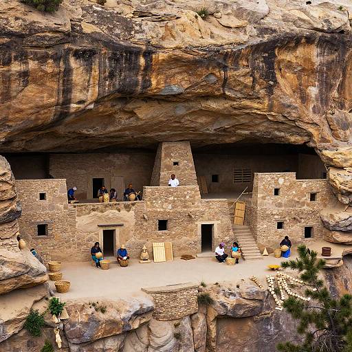 Photograph of ancient cliff dwellings with stone structures, people in traditional clothing, and baskets, set against a rugged, rocky backdrop.