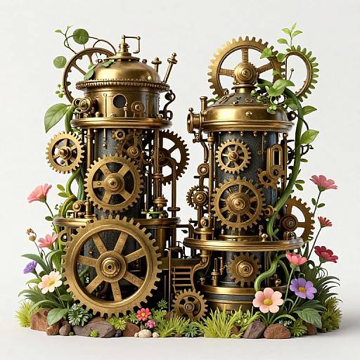 Photorealistic digital art of two tall, intricately detailed brass clock towers adorned with gears, vines, and colorful flowers against a white background.