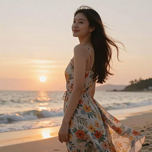 Young Woman in Floral Dress on Beach at Sunset