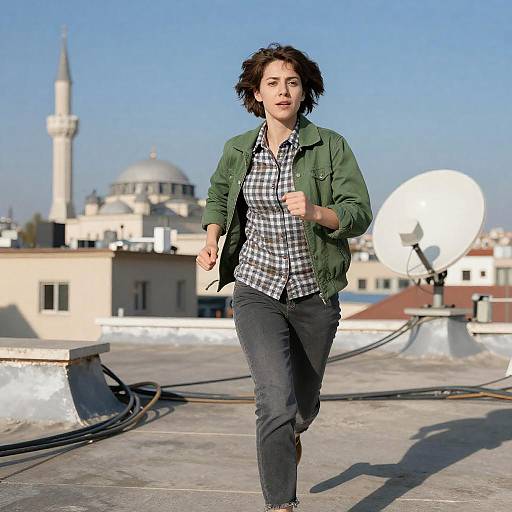 Determined Woman Running on Rooftop