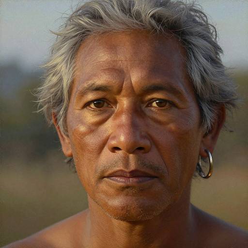 Close-up photograph of a middle-aged, weathered man with gray, tousled hair, brown skin, and a serious expression, wearing a large hoop