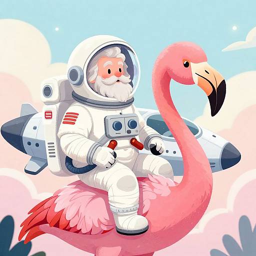 Digital illustration of a bearded astronaut with a white spacesuit and American flag, seated on a pink flamingo, in space with a rocket and clouds