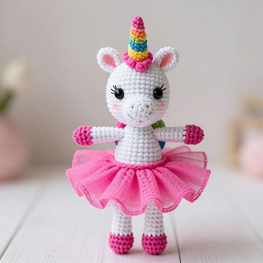 Crochet amigurumi unicorn with rainbow horn, pink skirt, and pink shoes, standing on white surface, blurred background. Photographic image.