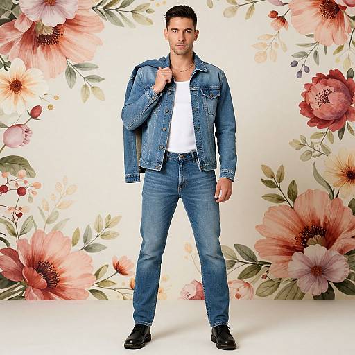 Photograph of a handsome man with short dark hair, wearing a denim jacket, white t-shirt, blue jeans, and black shoes, standing against a
