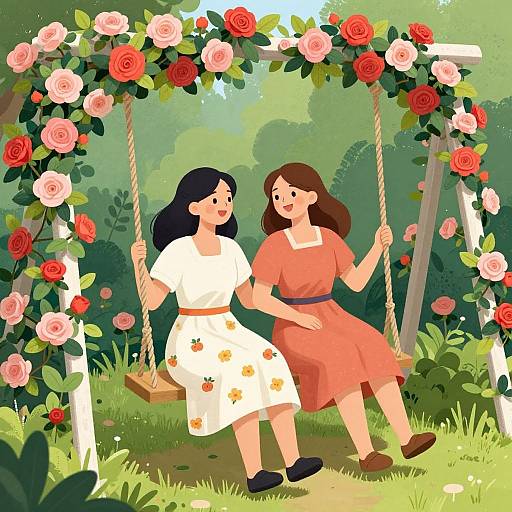 Joyful Women Swinging Among Roses