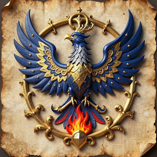 Digital art of a blue, gold-accented phoenix with outstretched wings, fiery tail, and ornate gold frame on aged parchment.