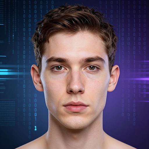 Photograph of a young Caucasian man with short brown hair, fair skin, and green eyes, set against a blue, digital binary background.