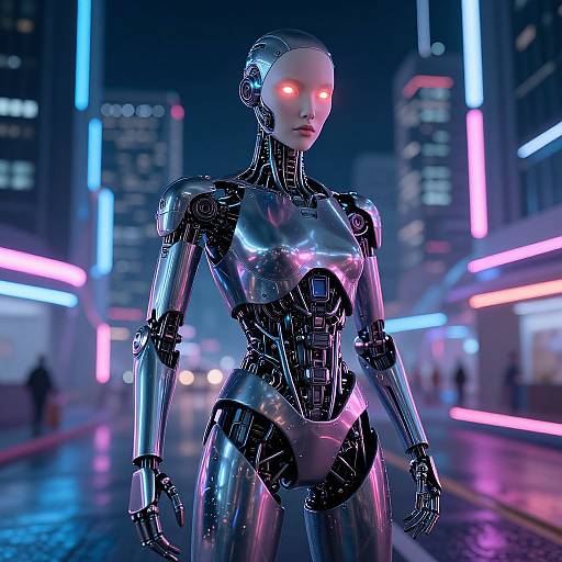CGI image of a sleek, metallic female robot with glowing red eyes, standing in a neon-lit, futuristic city street at night.