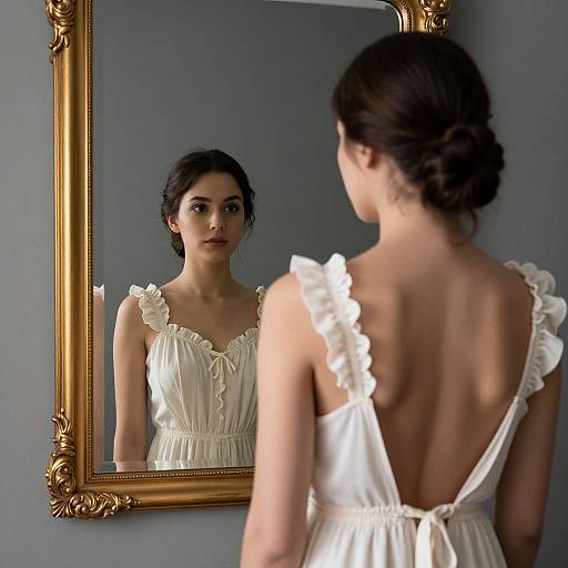Photograph of a woman with dark hair in a braided updo, wearing a white, ruffled, low-back dress, standing before an orn