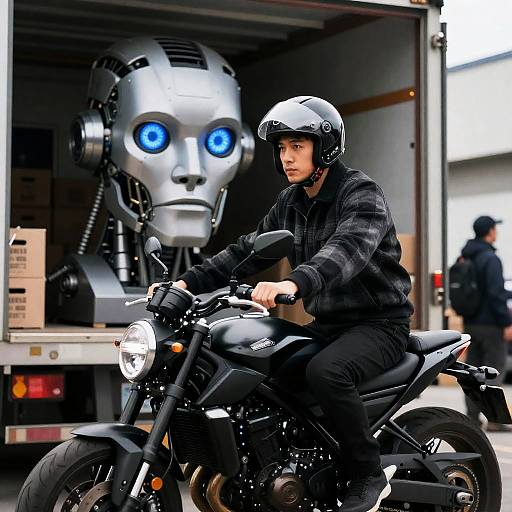 Man and Mechanical Head in Warehouse