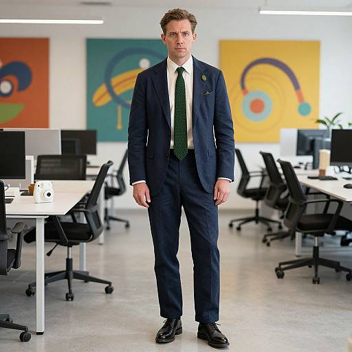 Photograph of a serious, fair-skinned man with short brown hair, wearing a dark navy suit, white shirt, green tie, standing in a