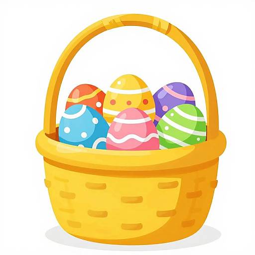Colorful digital illustration of a yellow wicker basket filled with five decorated Easter eggs in blue, pink, green, purple, and red.