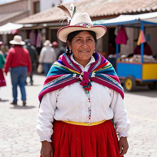 Photograph of a smiling older Indigenous woman in traditional Andean attire: white blouse, red skirt, colorful shawl, and straw hat with feather,