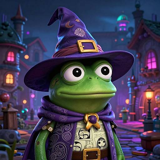 CGI image of a green frog in a purple wizard hat and cape, standing in a vibrant, neon-lit fantasy village.