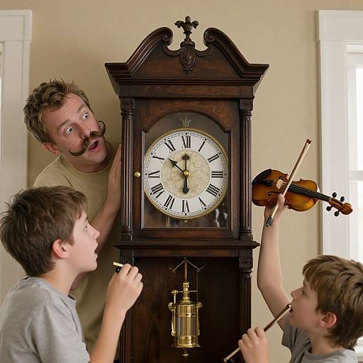 Photograph of a surprised man with a mustache, two boys, and an antique wooden clock; one boy plays violin, other touches clock.