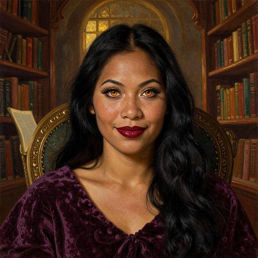 Photograph of a woman with long black hair, dark red lipstick, and brown eyes, wearing a dark purple velvet dress, standing in a wooden library