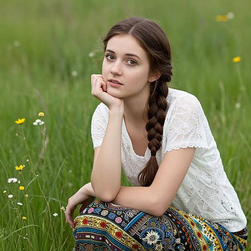 Photograph of a fair-skinned, brown-haired woman with a braid, wearing a white lace top and colorful patterned skirt, sitting in a