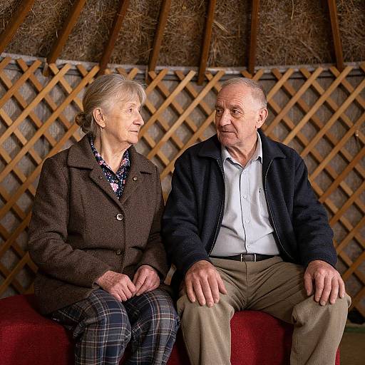 Photograph of an elderly white couple sitting on a red bench against a wooden lattice backdrop, both smiling at each other.