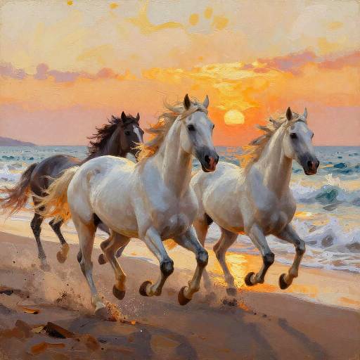 Impressionist White Horses at Sunset