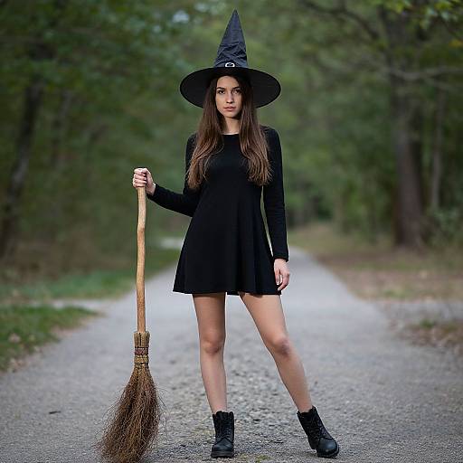 Photograph of a young woman in a black witch costume, including hat and dress, holding a broomstick on a forest path.