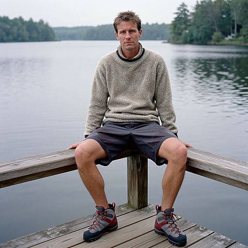 Photograph of a Caucasian man with short brown hair, wearing a gray knit sweater, black shorts, and gray-red sneakers, sitting on a wooden dock