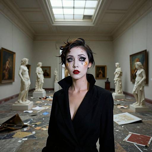 Digital art: Pale, gothic woman with black hair, red lipstick, and face paint stands in a cluttered art gallery with classical statues and paintings