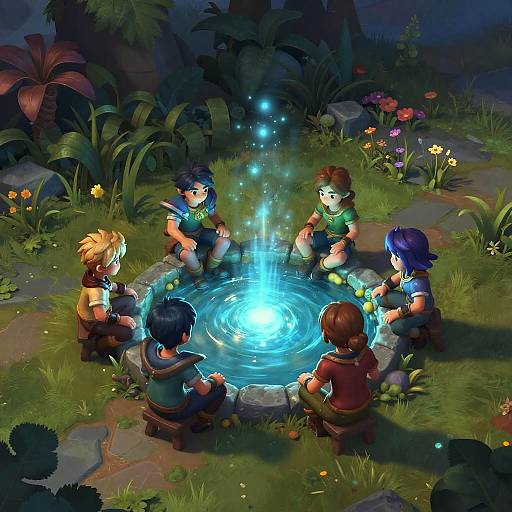 Digital art of six children with colorful hair, sitting in a circle around a glowing water well in a lush, nighttime garden.